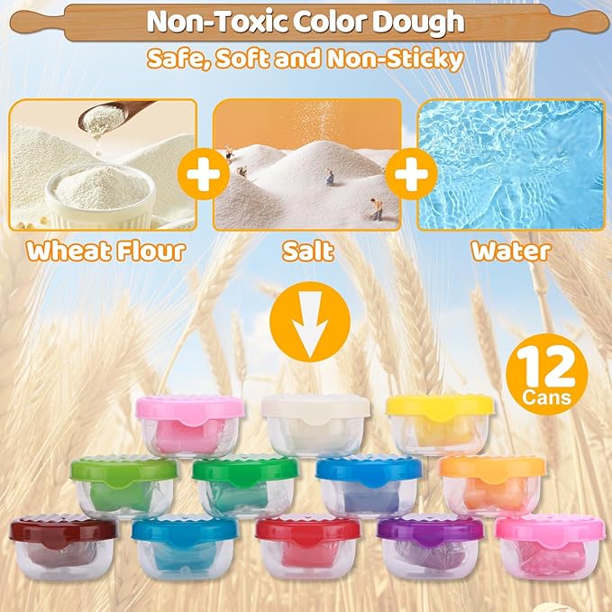 Crelloci Play Color Dough Tools Set, Deluxe 41PCS Kitchen Creations Accessories Kit, with 12 Cans Dough, Stamper Cookbook Food Mold Roller Cutter Extruder, Gift for Kids Boys Girls Ages 3+