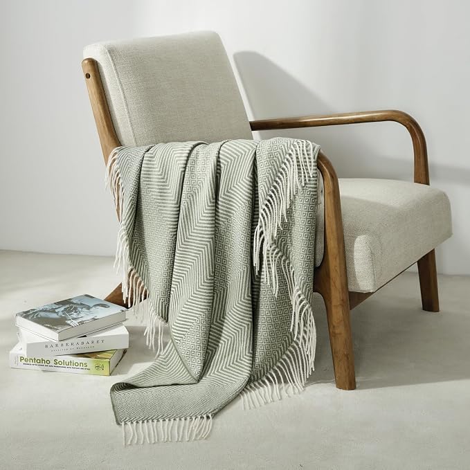 CREVENT 50"X60" Farmhouse Breathable Soft and Warm Classic Throw Blanket for Sofa Couch Bed, Faux Cashmere Home Decoration Throw with Tassles (Green)