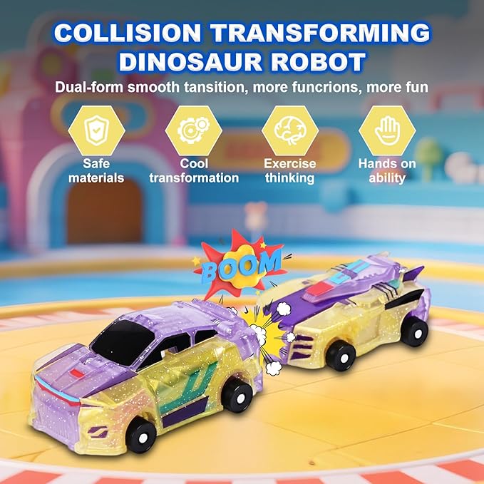 Transforming Dinosaur Toys, 2 in 1 Magnetic Cars Collision Transform into Dino Toys, for Boys Girls Toy Age 4-6, Christmas Birthday Gift (Yellow)