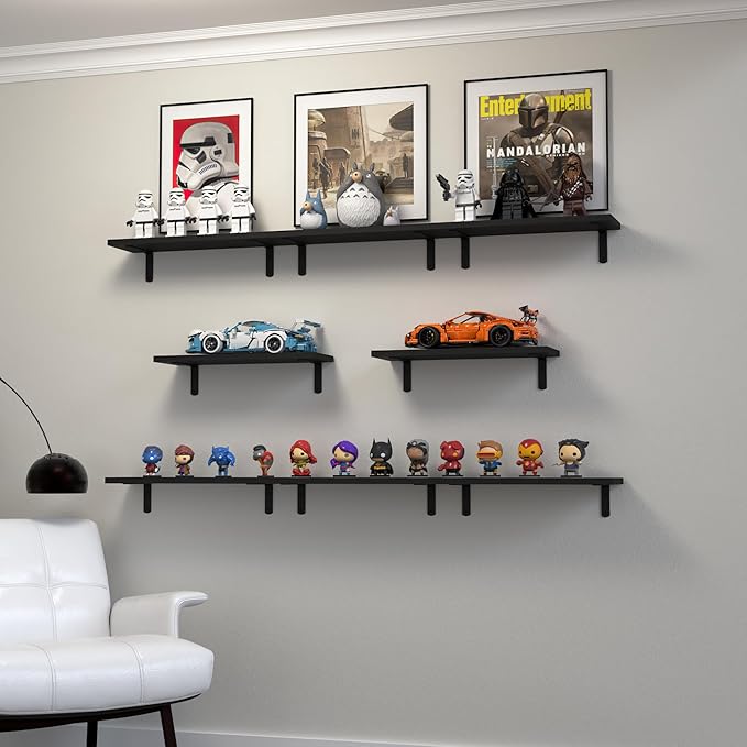 DOLLFIO Floating Shelves, 8 Sets Wooden Floating Shelves for Bedroom & Bathroom Wall Decor, Floating Book Shelf Living Room Black