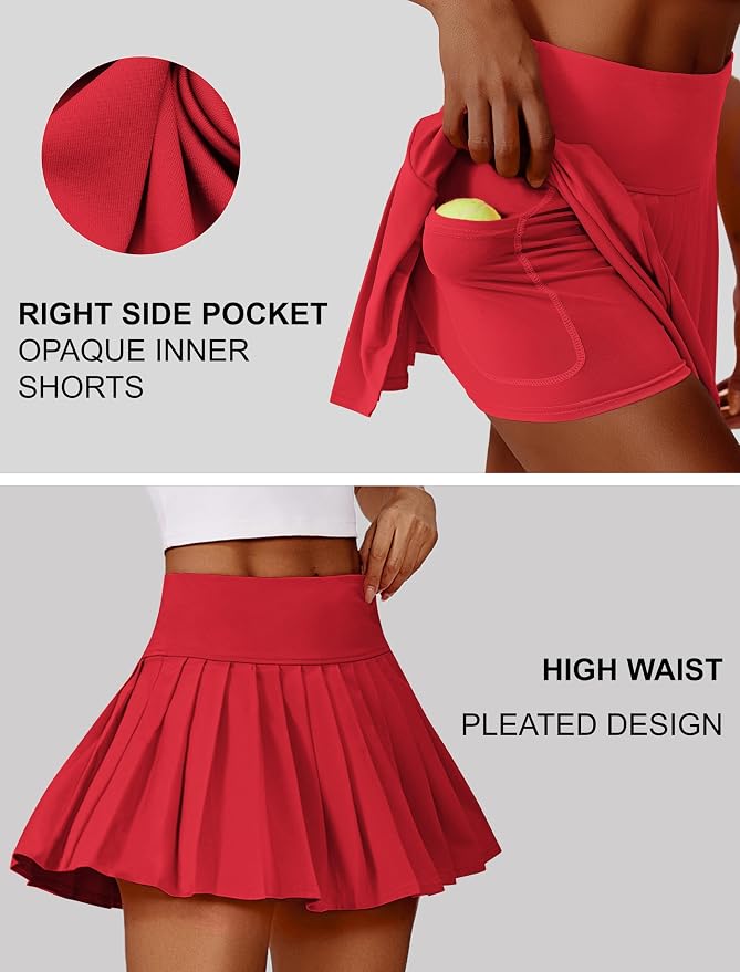 PINSPARK Pleated Tennis Skirts Mini Athletic Golf Skorts with Pocket | 14", High Waist, Lightweight, Quick Dry, Stretchy, Inner Shorts, Sun Protection, Pickleball, Casual, for Women