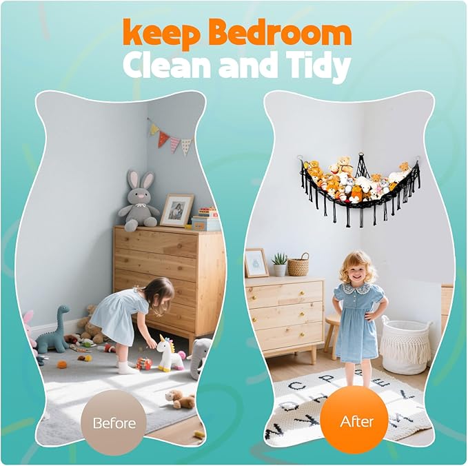 Stuffed Animal Storage Hammock Large Toy Storage Net Stuff Animal Hanging Organizer Holder for Plush Plushie Included Anchors & Hooks Teddy Bear Storage Boho Room Decor