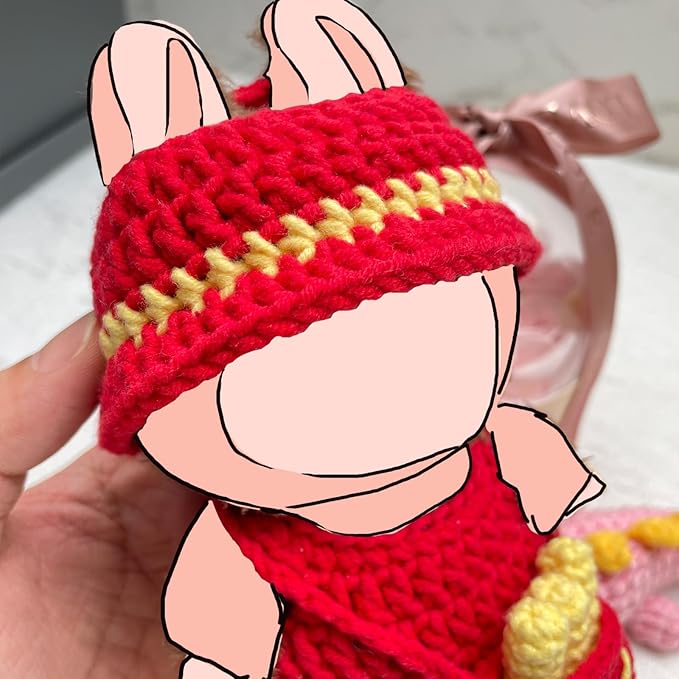 17cm Doll Clothes, 3-Piece Handmade Crochet Doll Outfit Set, Kawaii Style Accessories with Cute Hat, Jumpsuit & French Fries Bag Compatible 6 Inch, Gift for Collectors (ONLY Outfit)