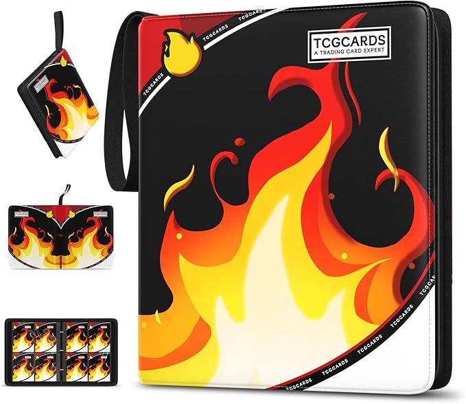 Trading Card Binder 4 Pocket,400 Pocket Card Collection Binder with 50 Removable Sleeves,PU Waterproof Top Card Book,3-Ring Zipper Collectible Trading Card Album for MTG/TCG/Card Holder Gift(Fire）