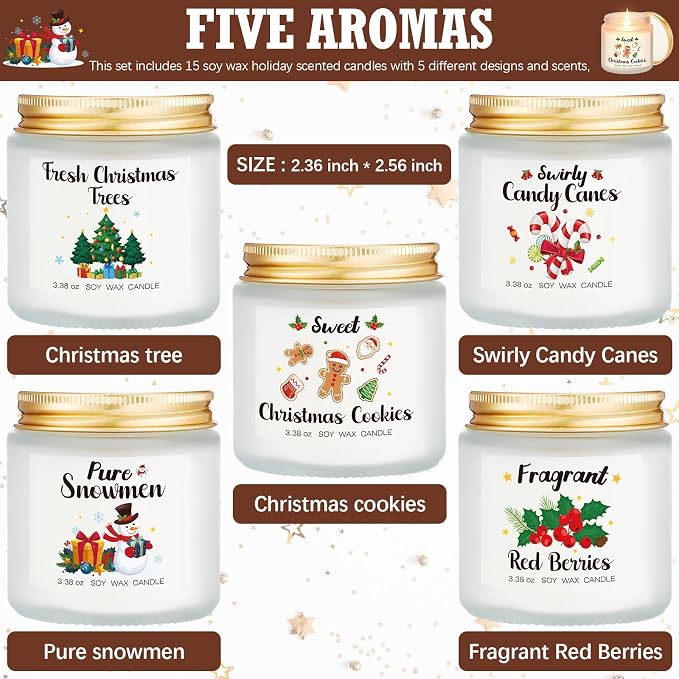 Demissle 15 Pack Christmas Scented Candles Gift Set Aromatherapy Candle for Home Scented Fresh Xmas Fragrance Winter Holiday Natural Soy Wax Aromatherapy Centerpiece Decoration for Mom Friend Wife Her