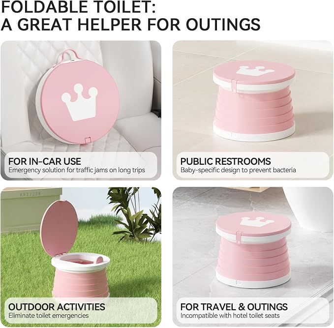 Portable Foldable Toddler Travel Potty - Medium Pink Potty Seat, Emergency Toilet for Car Camping Hiking, Lightweight Potty Chair for Indoor Outdoor Toddler Use (Pink)