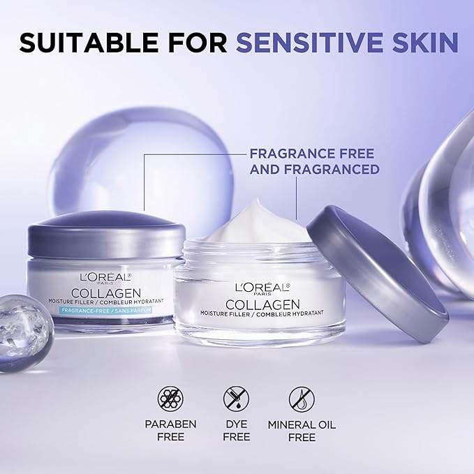L'Oreal Paris Collagen Moisture Filler Face Cream, Anti-Aging Face Moisturizer, Non-Greasy Skin Care Formula For Up to 48HR Hydration, 3.4 Oz