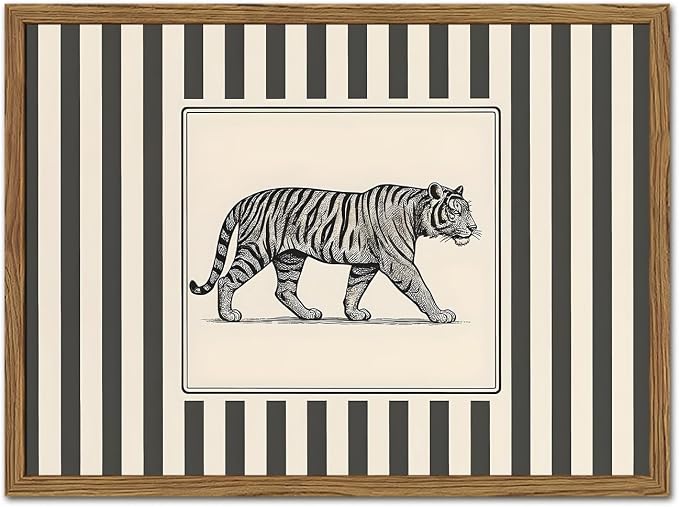 Vintage Tiger Wall Art Wildlife Wall Decor Pictures Black and White Stripe Jungle Animal Poster Canvas Painting Print for Bedroom Living Room Bathroom 16x24 inch Wood Framed