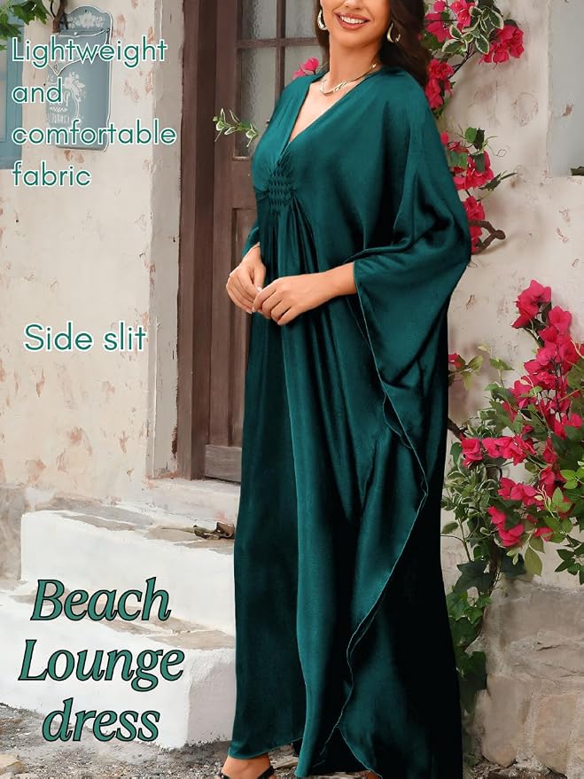 ChiaoLezhee Print Moo-Moos for Women, Kaftan Cover-Up Dresses, Sexy V-Neck High-Slit, Beach Pool-Party Coverups Muumuu Plus