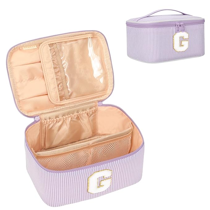 OCHEAL Makeup Bag Valentines Day Gifts for Women, Monogram Cosmetic Bag Purple Travel Makeup Case Beauty Toiletry Bag Organizer Personalized Gifts for Girls Bridesmaid, Sister, Wife, Friends Initial G