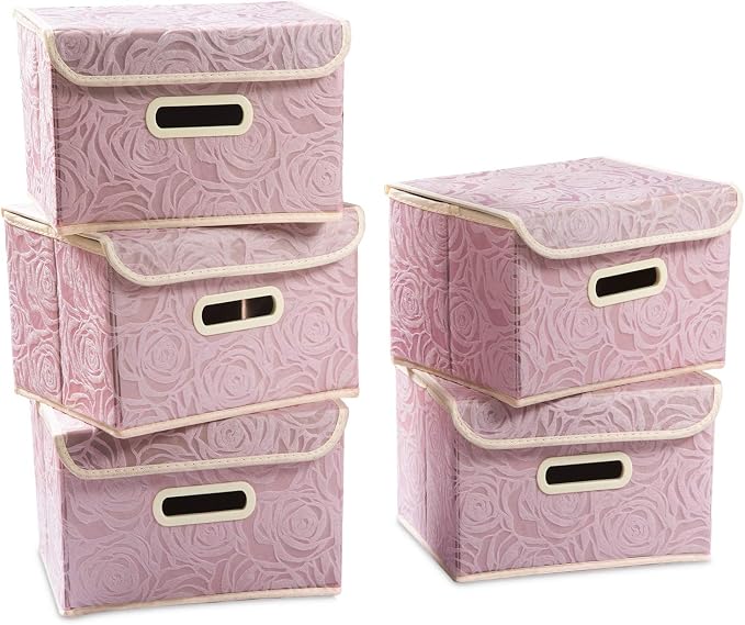 Foldable Storage Boxes with Lids [5-Pack] Fabric Decorative Storage Bins Cubes Organizer Containers Baskets with Cover Handles Divider for Bedroom Closet Living Room Pink 9.8x7.9x6.7 Inch