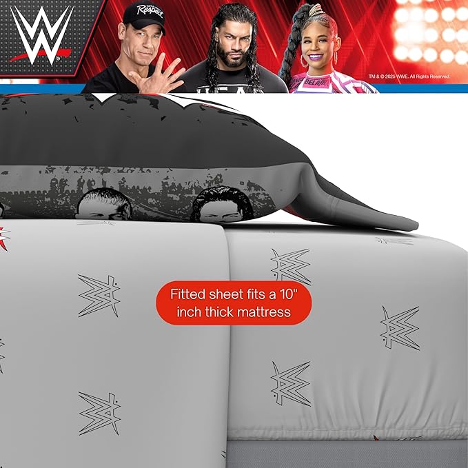WWE Wrestling Bedding Set, Queen Size 7 Piece Set Super Soft Cozy Reversible Comforter and Sheet Set with Sham, (100% Officially Licensed Product) by Franco