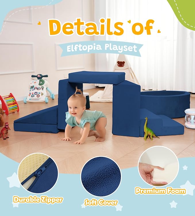 Elftopia Foam Climbing Blocks with Ball Pit & Stairs for Toddlers Aged 1-3 -Soft Playset for Indoor Crawling, Foam Playground Set for Baby to Active Playing Inside -(Balls NOT Included),Navy