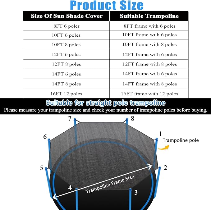 Trampoline Shade Cover,Outdoor Trampoline Cover 8ft 10ft 12ft 14ft 16ft Sun Protection Trampoline Sun Shade Cover,Easy to Install,for Straight Pole Trampoline(16FT 12 Poles)