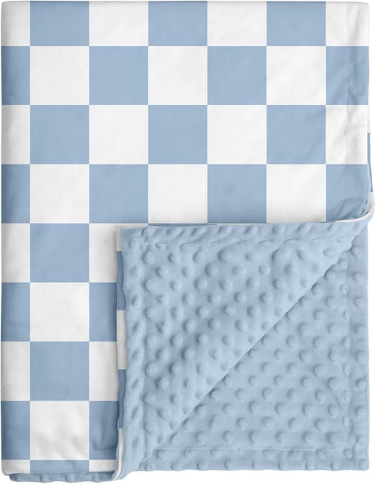 Checkered Baby Blanket, Nursery Minky Blanket for Boys Girls, Cozy Soft Fluffy Newborn Infant Toddler Receiving Blankets for Crib Stroller or Carseat, 30x40 Inches, Blue