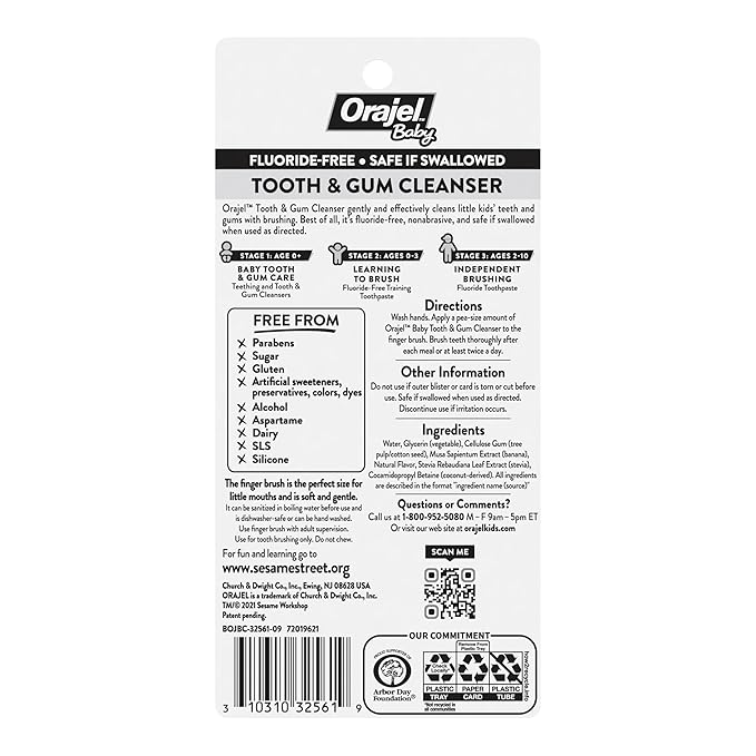 Orajel Baby Elmo Tooth & Gum Cleanser Fluoride-Free, 1 Finger brush, 1 Toothpaste 1oz; #1 Pediatrician Recommended Fluoride-Free Toothpaste*