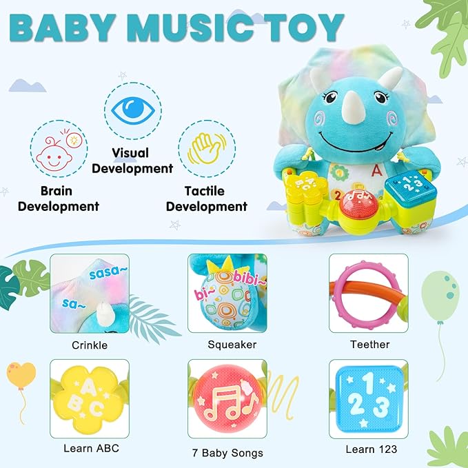 Baby Bilingual Musical Dinosaur Stuffed Animals Toys,Infant Early Learning Toy with Light-Up Music & Crinkle,Tummy Time Toys for 0 3 6 9 12+ Months for Baby Boy Girl Gift