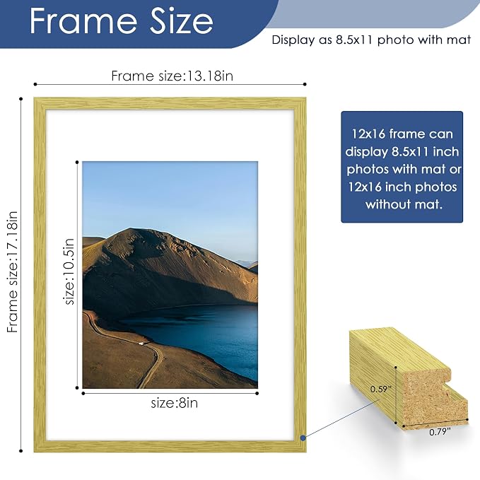12x16 Picture Frame Set of 6, Wall Mount Display, Gold | Display Pictures 8.5x11 with Mat or 12x16 Without Mat, Horizontal or Vertical, Gallery Wall Frame Set, Wedding Birthday Gifts