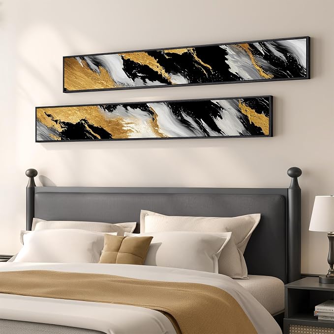 Framed Vertical Black and Gold Abstract Wall Art Set of 2, Modern Long Narrow Canvas Prints Paintings Artwork for Walls, Minimalist Luxury Pictures for Living Room Bedroom Entryway Hallway Wall Decor