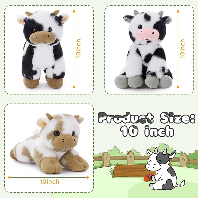 Tezituor 6 Pcs Large Cow Stuffed Animals Set, 10 Inch Stuffed Cow Plush Toy for Party Decoration, Cute Cow Plush Bulk for Boys Girls