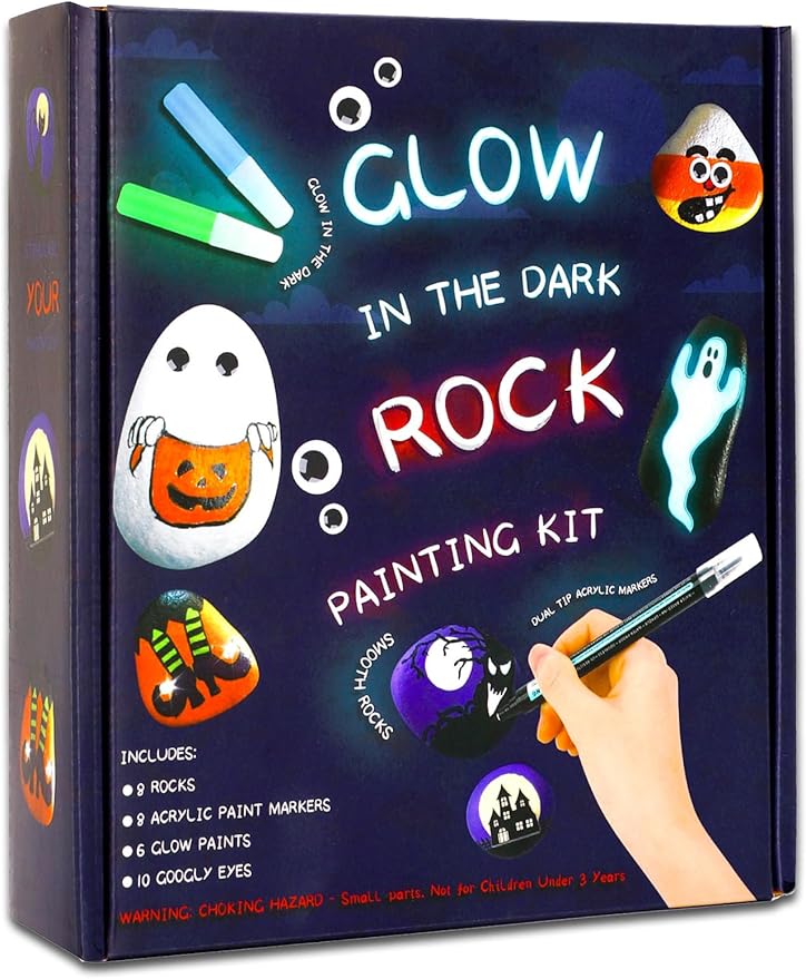 JULEASEL Rock Painting Kit, Glow in The Dark Rock Craft Paint Kits, Arts and Crafts for Kids Ages 6-12, Holiday DIY Crafts for Girls & Boys with Mess-Free Pens Markers