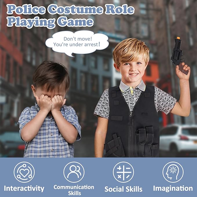 14Pcs Halloween Police Costume for Kids, Pretend Play Swat Vest with Toys Accessories, Role Play Cop Costumes Outfit Dress up Set for 4-6 6-8 Ages, Boys Halloween Costume