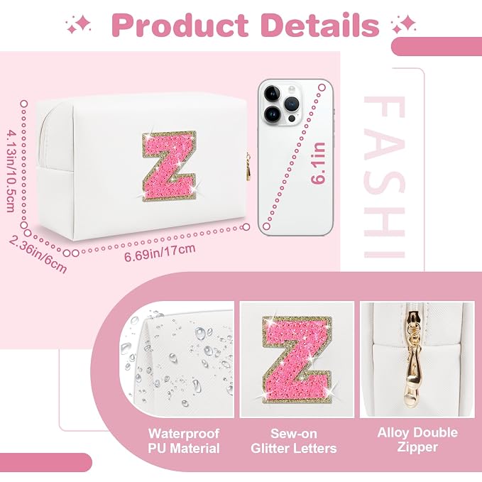 Small Personalized Initial A-Z Patch Makeup Bag,White Cute PU Leather Glitter Letter Cosmetic Bag for Teen Girls,Travel Toiletry Bag with Zipper,Preppy Monogrammed Birthday Gift for Daughter Niece Z