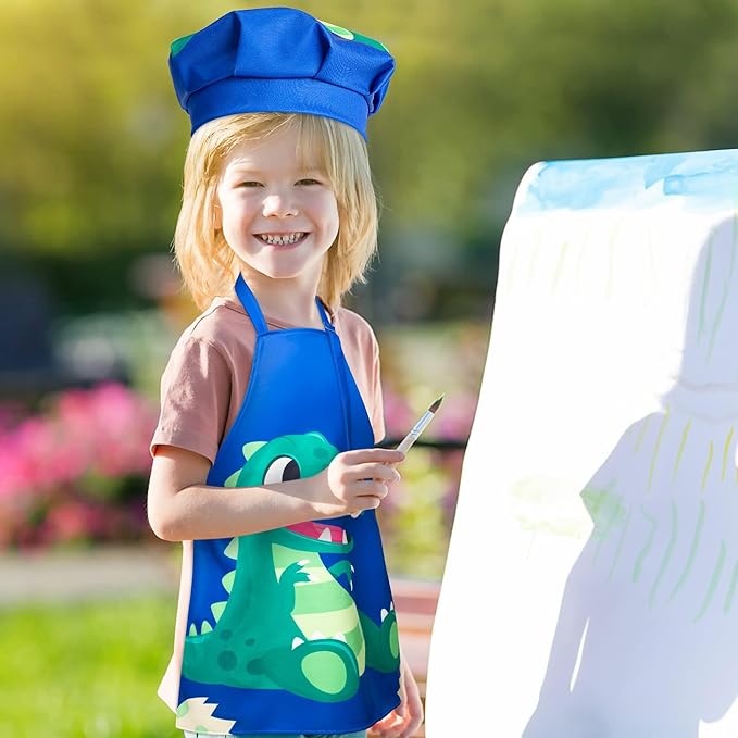 R HORSE 2 Pcs Kids Aprons Chef Hat Sets Adjustable Blue Cute Dinosaur Kitchen Aprons Cooking Baking Painting and Training Kits Dress up Role Play Chef Toy Kid Funny Cooking Gift New Year(3-5 Years)