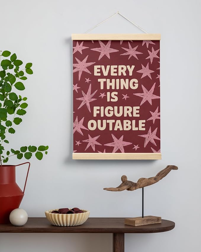 FGFK Everything Is Figureoutable Inspirational Wall Art Poster Hanger Frame, Retro Red and Pink Star Positive Affirmations Canvas Prints Framed Wall Decor for Home Classroom Office, 12x16 Inch