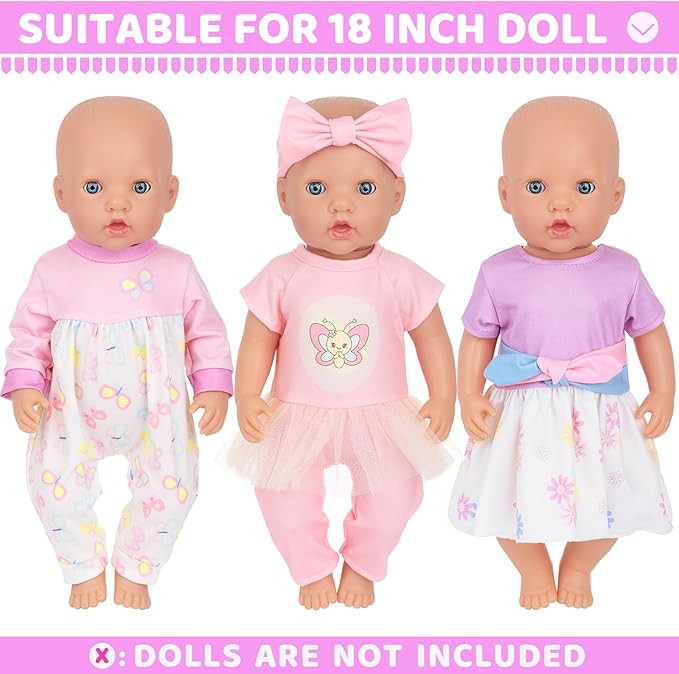 Baby Doll Clothes, 3 Set 18 Inch Doll Girl Clothes and Accessories 4 Pcs Include Jumpsuits Skirt Headband (No Dolls)