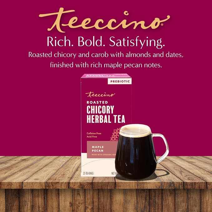 Teeccino Maple Pecan Herbal Tea - Rich & Roasted Herbal Tea That’s Caffeine Free & Prebiotic for Natural Energy, Coffee Alternative, 25 Count