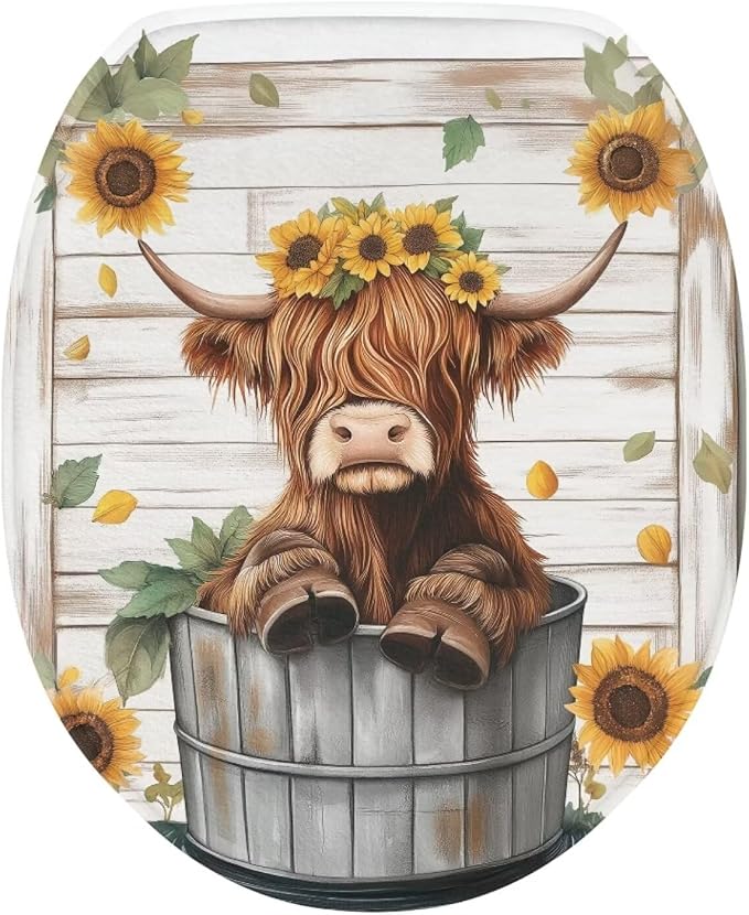 Highland Cow Toilet Lid Covers for Bathroom Elongated Sunflowers Flowers Round Toilet Lid Cover Universal Toilet Tank Cover Replacement with Elastic Band