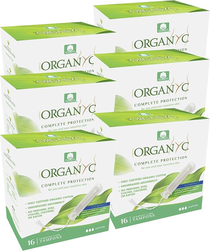 Organyc - 100% Certified Organic Cotton Tampons - Plant-Based Eco-Applicator (Super Flow, 96 Count (Pack of 6))