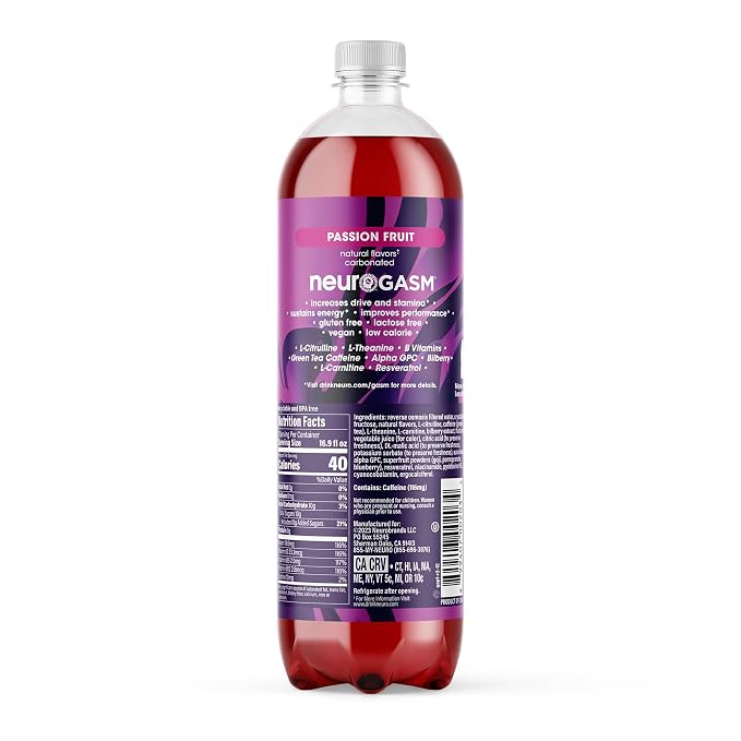 neuroGASM | Passion Fruit | Functional Beverage for Increased Stamina, Lightly Carbonated, Low Sugar; 16.9 Fl Oz (Pack of 12)