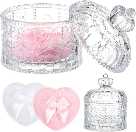 Tioncy 3 Pcs Large Body Powder Puff and Container Valentine's Day gift Powder Container with Puff Crystal Case Soft Washable Reusable Velour Face Body Glitter Wet Dry Makeup(Crown,Clear)
