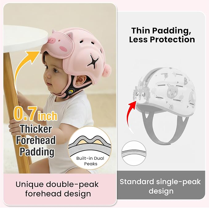 Baby Head Protector Baby Helmet for Crawling and Walking - No Bumps and Soft Safety Peak - Ultra Light and Adjustable Baby Head Protector Suitable for Babies 6-24 Months-Pink Piggy