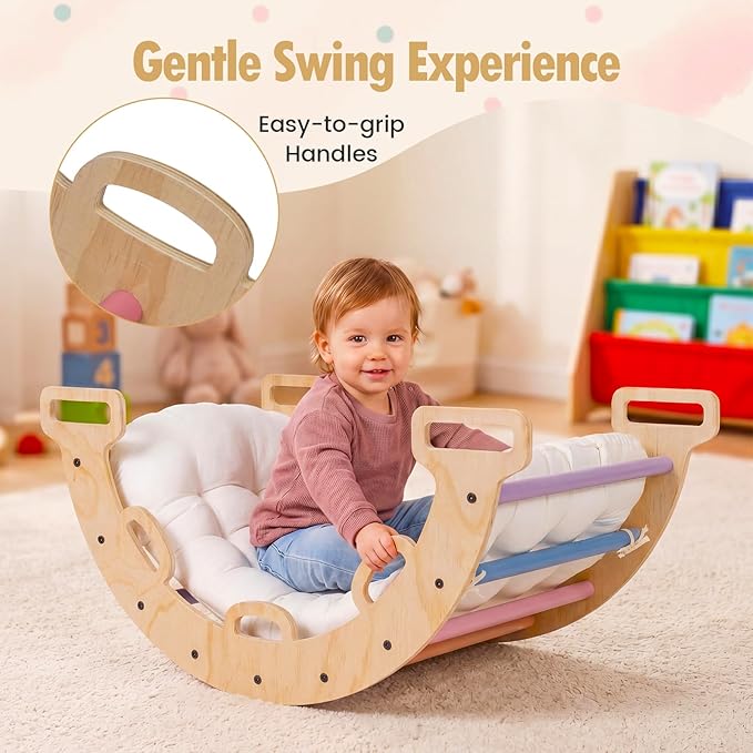 Costzon Wooden Rocking Climbing Arch w/Cushion, 3-in-1 Montessori Kids Climber Rocker for Toddlers, Playground Climbing Ladder Toy, Indoor Gym Learning Playset for Boys Girls Ages 1+ (Multi-Color)