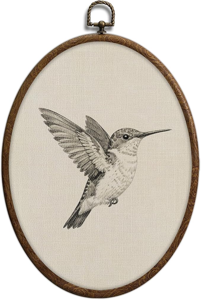 Hummingbird Sketch Oval Wall Art, Vintage Black and White Bird Oval Framed Wall Art, Waterproof Cottage Core Home Decor for Western Farmhouse Bedroom Living Room, Home Retro Decor Products, 03