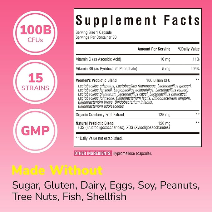 Vitalibre Probiotics for Women 100 Billion CFU 15 Strains, Daily Probiotic & Prebiotic Supplement with Organic Cranberry to Support Vaginal, Digestive, Immune Health, Shelf Stable, 30 Vegan Capsules