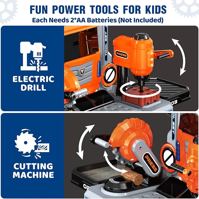 Kids Tool Bench with Electric Drill and Power Miter Saw, Construction Workbench Toys for Boys Age 3 4 5 6 7 8, Toddler Realistic Tools Table Playset, Tool Box Set, Christmas Birthday Gift for Kids 3-5