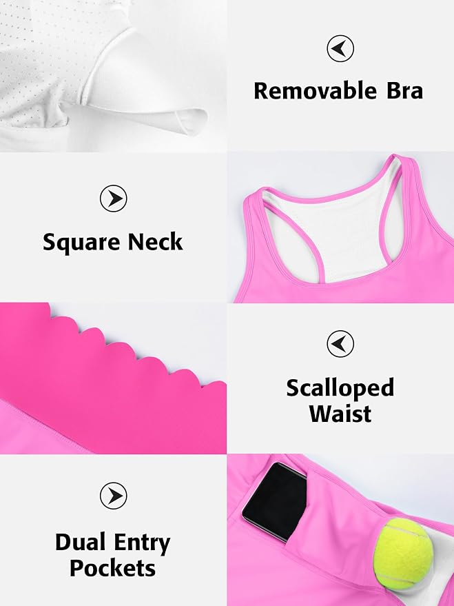 ATTRACO Tennis Outfits for Women Racerback Golf Dress Workout Dress | Athletic Skirt Set, Built-in Shorts, 2 Pockets, Scalloped, Racerback, High Waisted, Pickleball, Workout Set