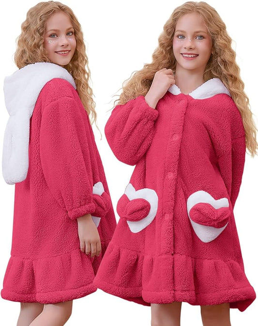 Girls Bathrobes Coral Fleece Button Down Hooded Robes Cute Rabbit Ears Bath Robe Fuzzy Warm Soft Sleepwear