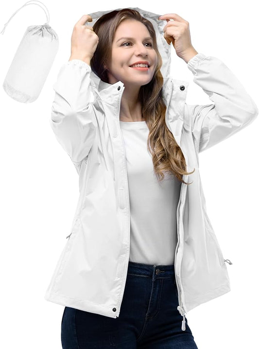 33,000ft Women's Rain Jacket Waterproof Lightweight Packable Raincoat with Hood for Golf Hiking Travel Windbreaker