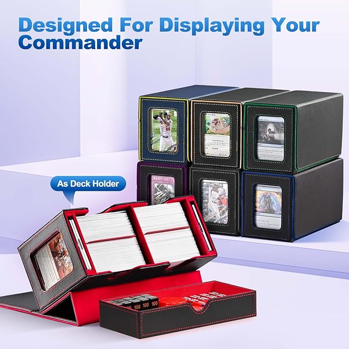UAONO Card Deck Box for MTG, Double Deck Storage Box with 2 Commander Display & 1 Dice Tray, Fits 200+ Double Sleeved, Card Organizer for CCG TCG Sports (Black Blue)