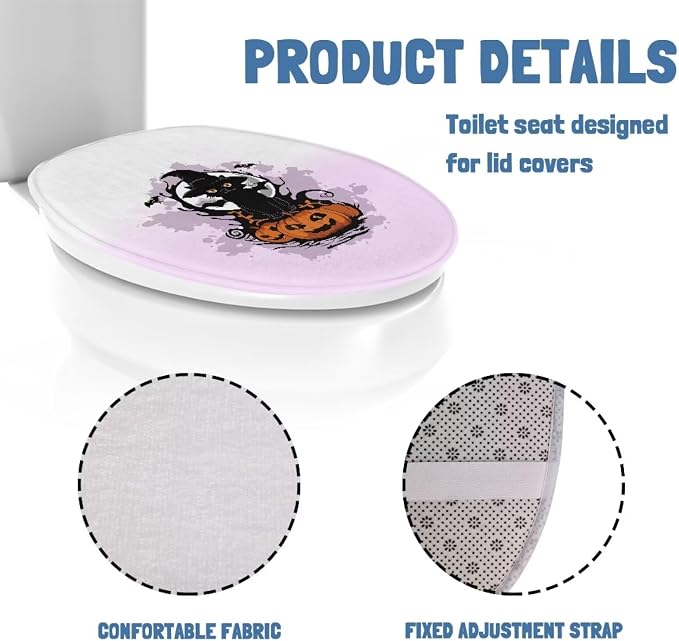 Halloween Cat Toilet Seat Cover, Fits Most Most Round, Elongated and Oblong Lid, Bathroom Accessories Elastic Band at the Bottom Toilet Lid Cover