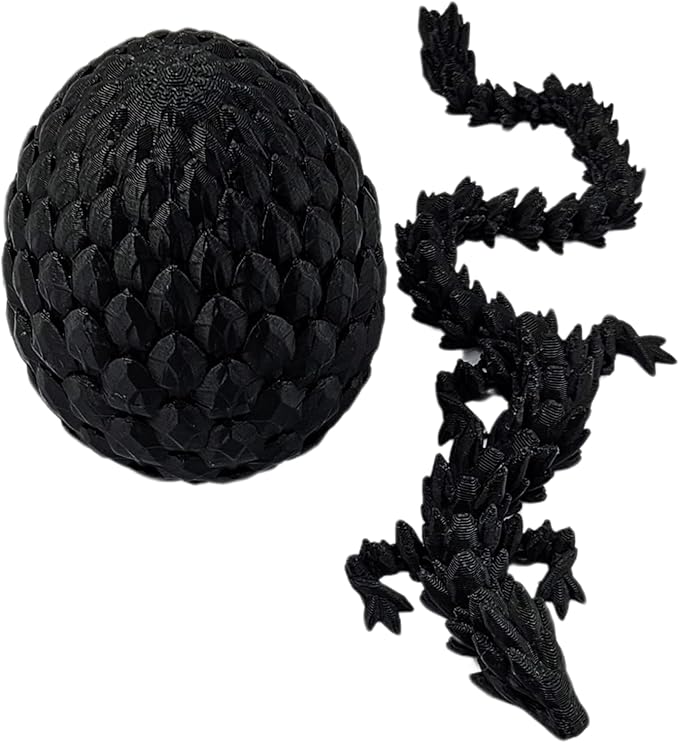 Surprise Dragon Egg Articulating Gemstone Dragon Fidget Figurine - 3D Printed Dragons Flexible ADHD, Autism, Relief Anxiety - Articulated Joints (Black)