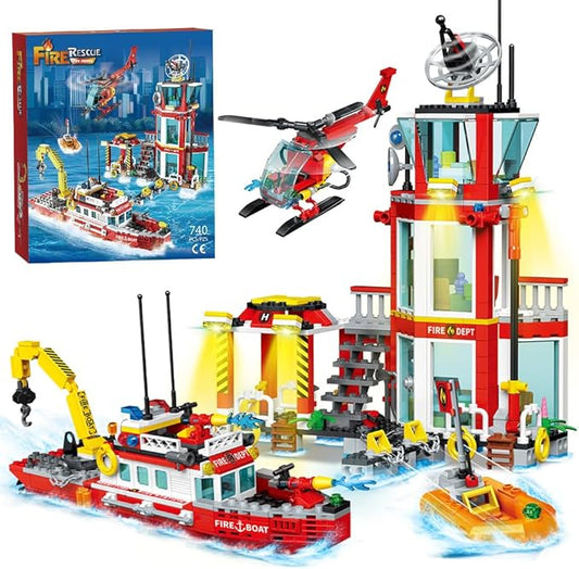 City Marine Fire Station Building Sets,740pcs STEM Toys Building Blocks for Boys 8-12