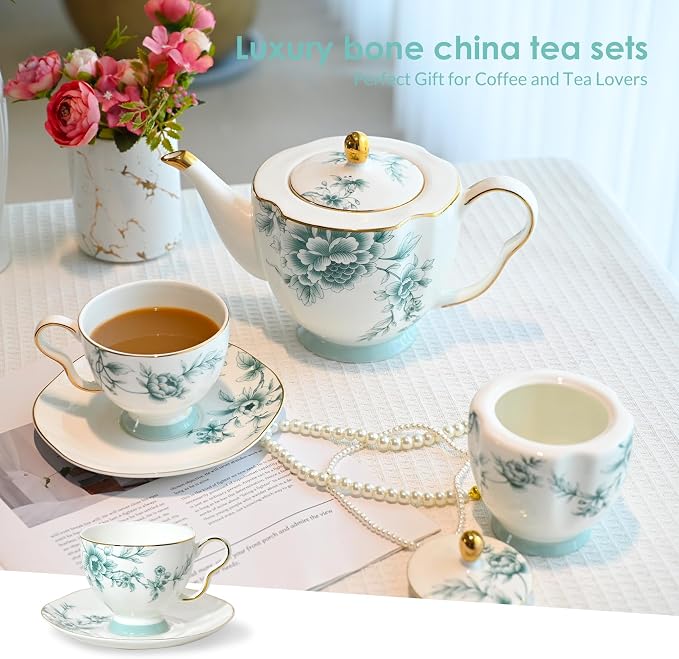 ACMLIFE Tea Set for Adults, Blue and White Bone China Porcelain Tea Set for 6, Vintage Floral Tea Cup Set With Teapot, Tea Party Sets for Women Gift, Mother's Day (Blue-Leaf)