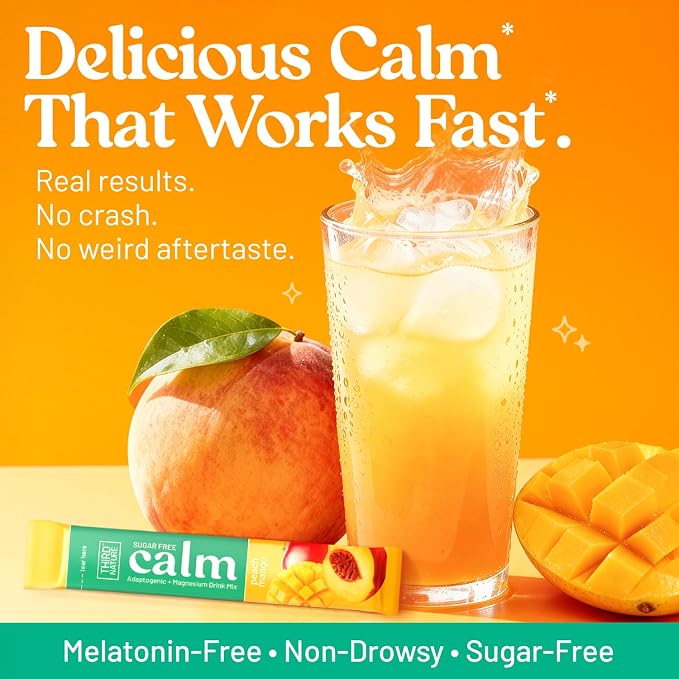 Third Nature Calm Powdered Drink Mix for Stress Support, Relaxation, Healthy Cortisol & Focus - No Sugar, Non-GMO On-The-Go Calming Drink with Magnesium Glycinate, GABA, Peach Mango, 28 Stick Packs