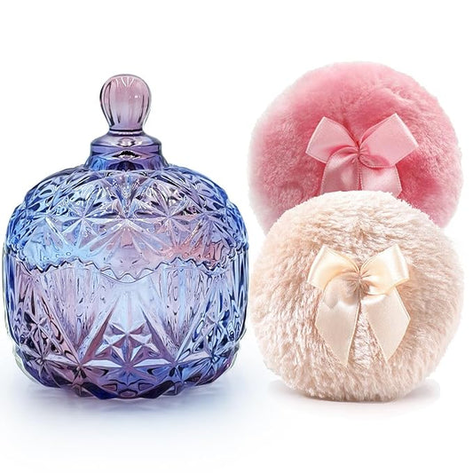 Luxury 4 Inch Glass Powder Container with 2 Soft 3.5" Puffs｜Non-Sealed Refillable Organizer for Body Powder, Makeup & Jewelry｜Setting Powder Applicator w/Loose Powder Storage(Crown-Colorful Purple)